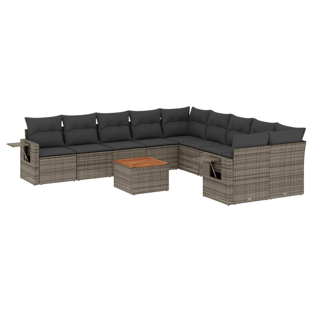 11-tlg. Garten-Sofagarnitur mit Kissen Grau Poly Rattan