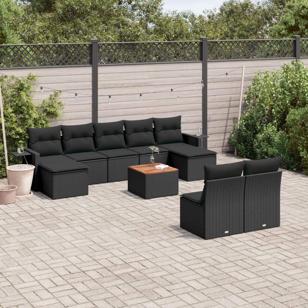 10-tlg. Garten-Sofagarnitur mit Kissen Schwarz Poly Rattan