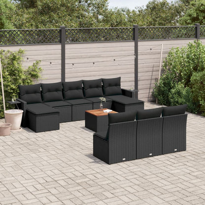 11-tlg. Garten-Sofagarnitur mit Kissen Schwarz Poly Rattan