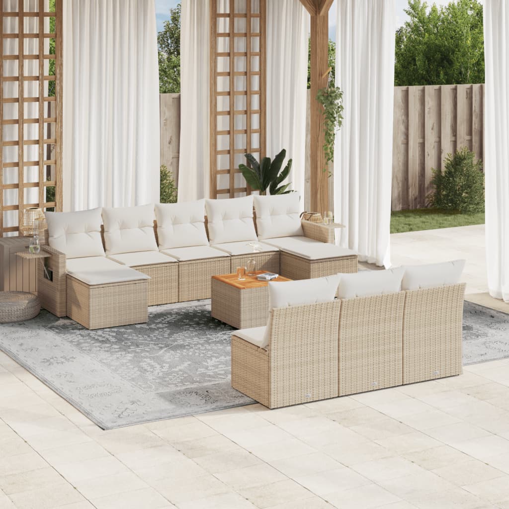 11-tlg. Garten-Sofagarnitur mit Kissen Beige Poly Rattan