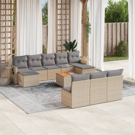 11-tlg. Garten-Sofagarnitur mit Kissen Beige Poly Rattan