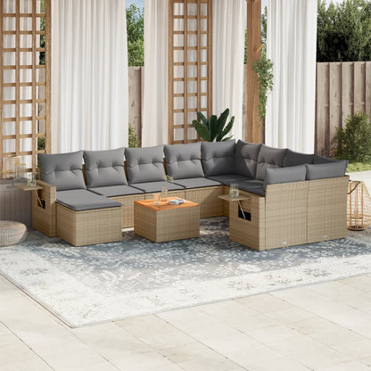 11-tlg. Garten-Sofagarnitur mit Kissen Beige Poly Rattan