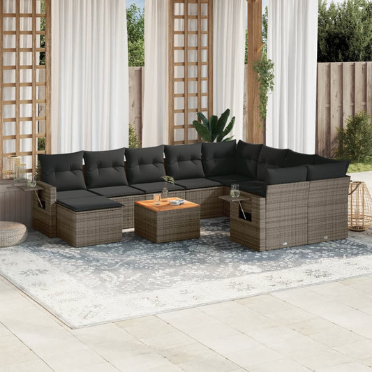 11-tlg. Garten-Sofagarnitur mit Kissen Grau Poly Rattan