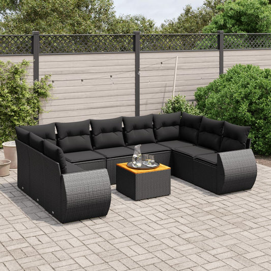 10-tlg. Garten-Sofagarnitur mit Kissen Schwarz Poly Rattan