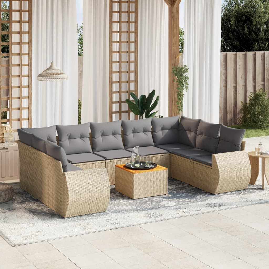 10-tlg. Garten-Sofagarnitur mit Kissen Beige Poly Rattan