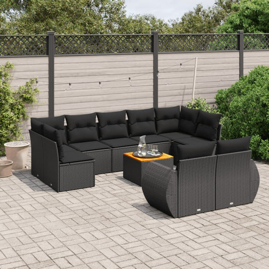 10-tlg. Garten-Sofagarnitur mit Kissen Schwarz Poly Rattan