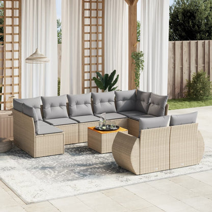 10-tlg. Garten-Sofagarnitur mit Kissen Beige Poly Rattan