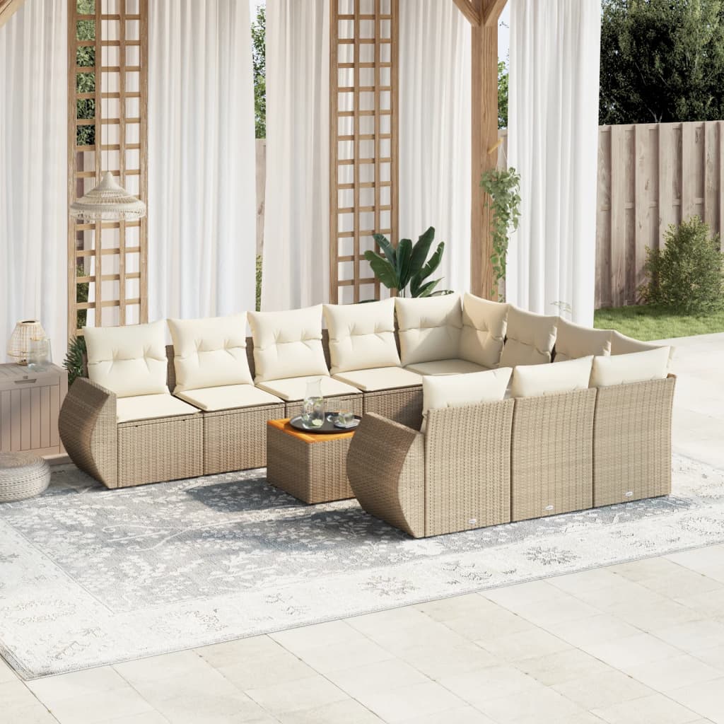 11-tlg. Garten-Sofagarnitur mit Kissen Beige Poly Rattan