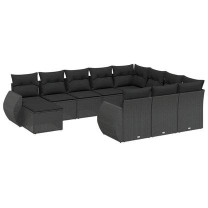 11-tlg. Garten-Sofagarnitur mit Kissen Schwarz Poly Rattan