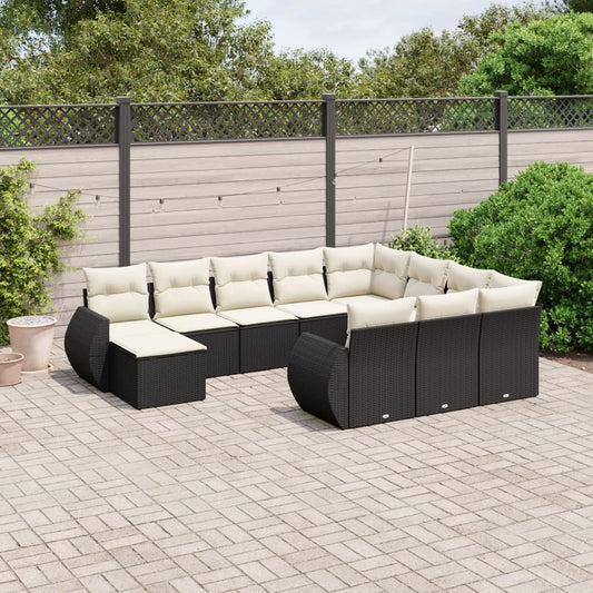 11-tlg. Garten-Sofagarnitur mit Kissen Schwarz Poly Rattan