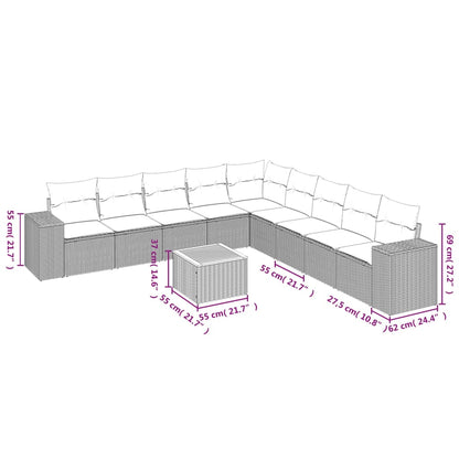 10-tlg. Garten-Sofagarnitur mit Kissen Grau Poly Rattan