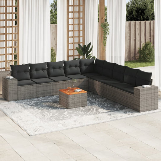 10-tlg. Garten-Sofagarnitur mit Kissen Grau Poly Rattan