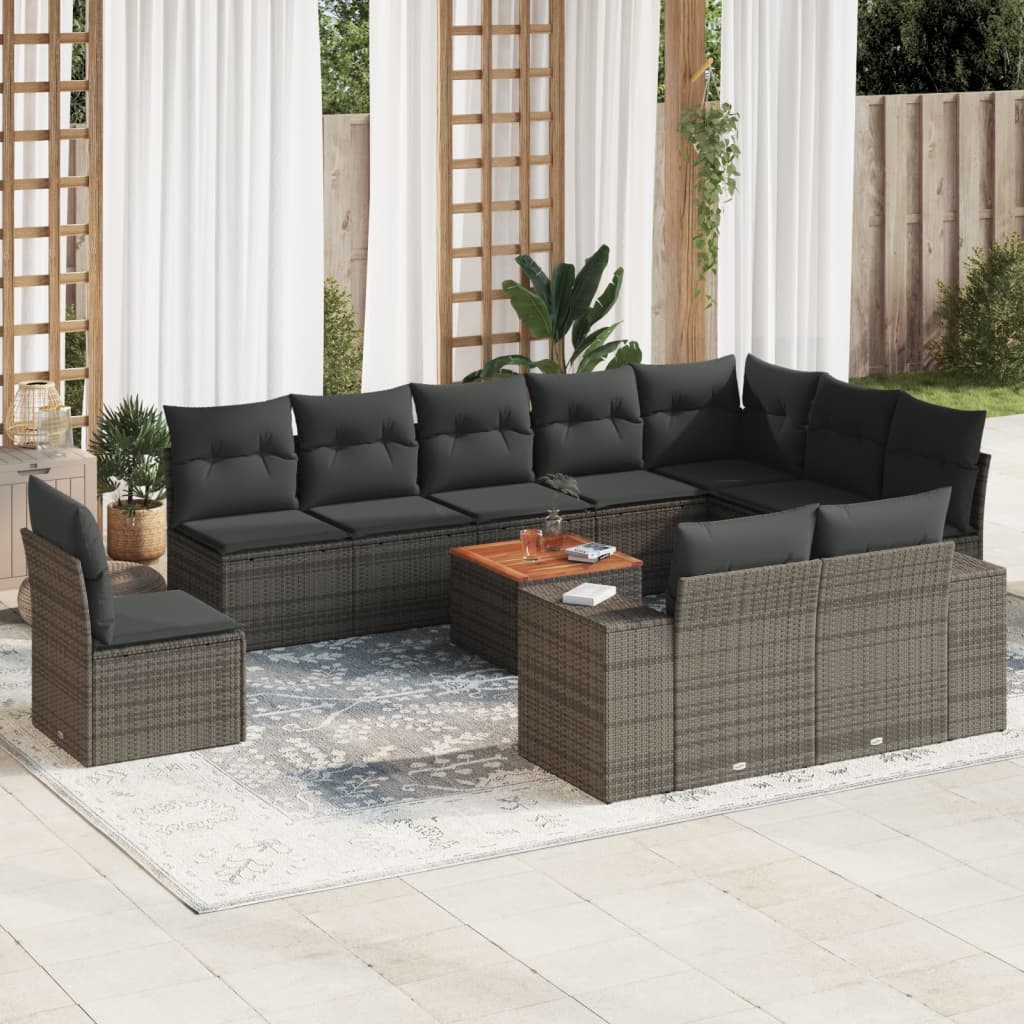 11-tlg. Garten-Sofagarnitur mit Kissen Grau Poly Rattan