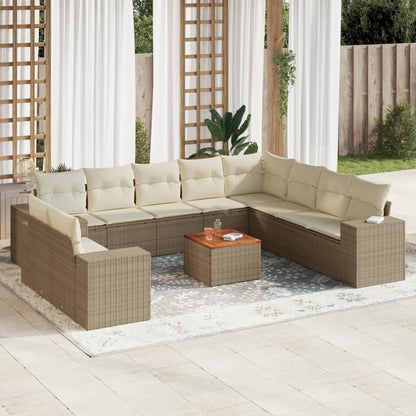 11-tlg. Garten-Sofagarnitur mit Kissen Beige Poly Rattan