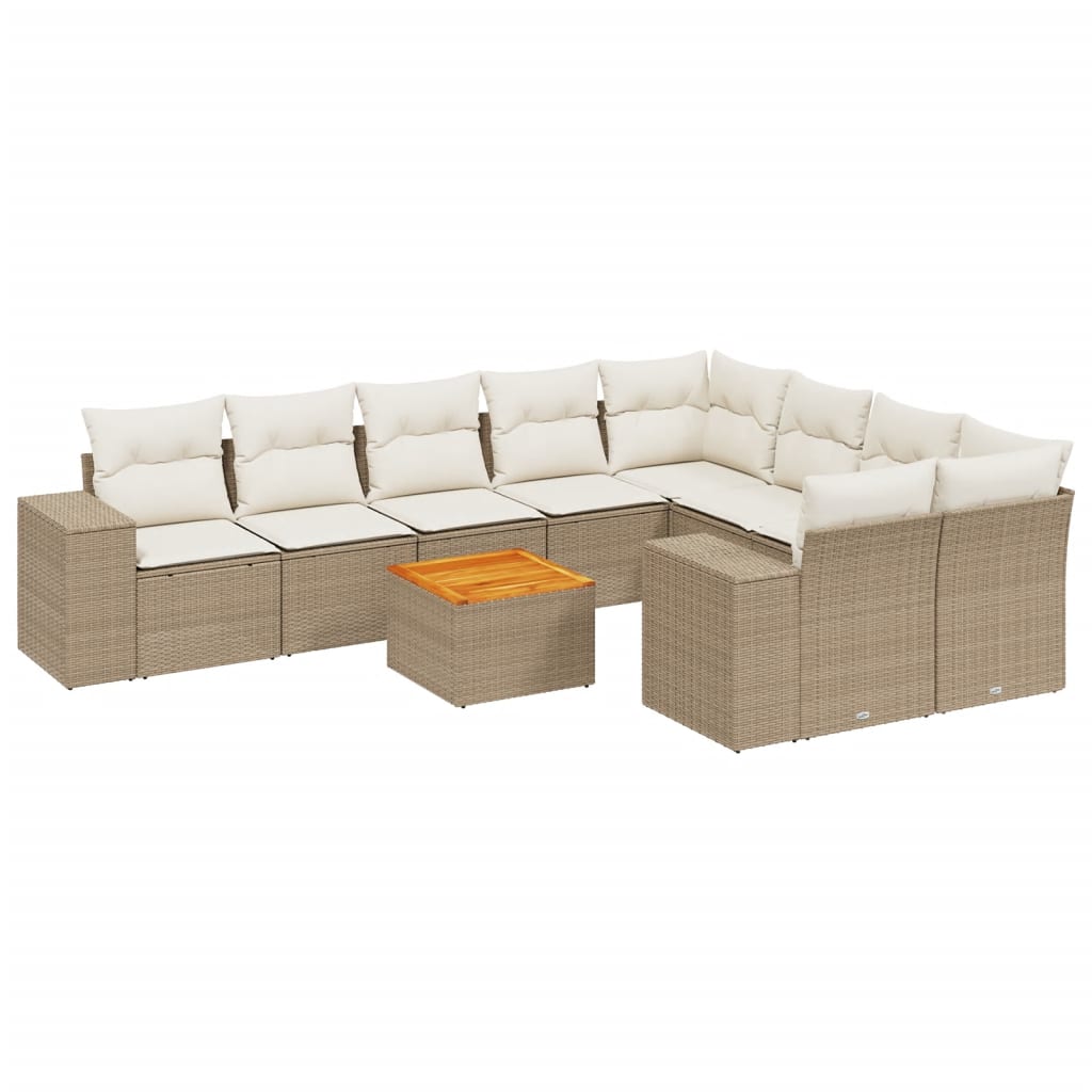 10-tlg. Garten-Sofagarnitur mit Kissen Beige Poly Rattan