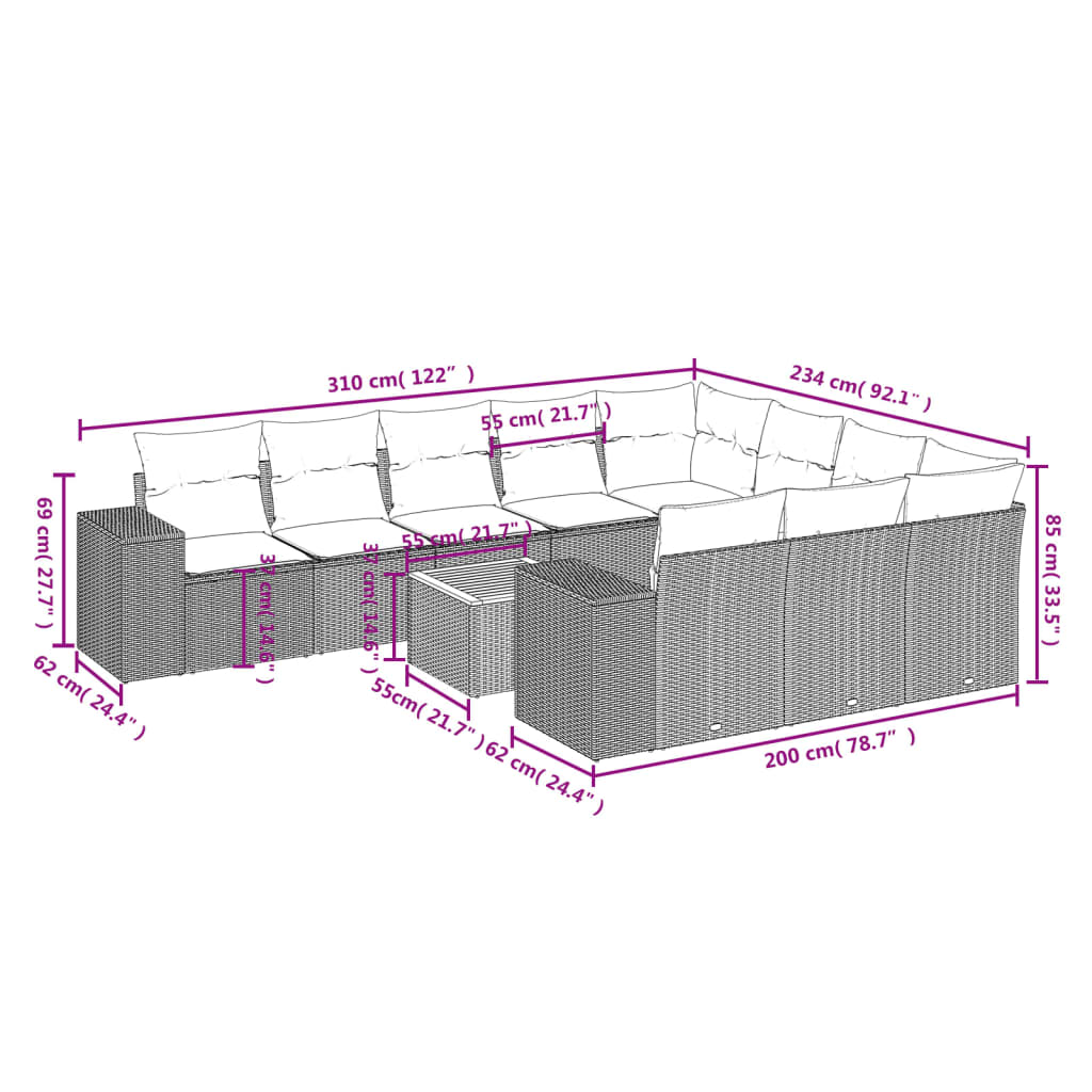 11-tlg. Garten-Sofagarnitur mit Kissen Grau Poly Rattan