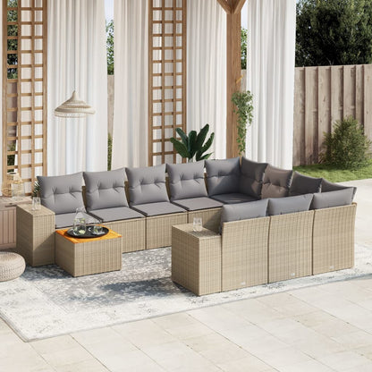 11-tlg. Garten-Sofagarnitur mit Kissen Beige Poly Rattan