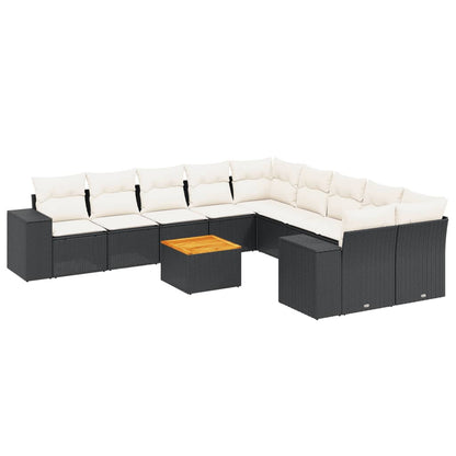 11-tlg. Garten-Sofagarnitur mit Kissen Schwarz Poly Rattan