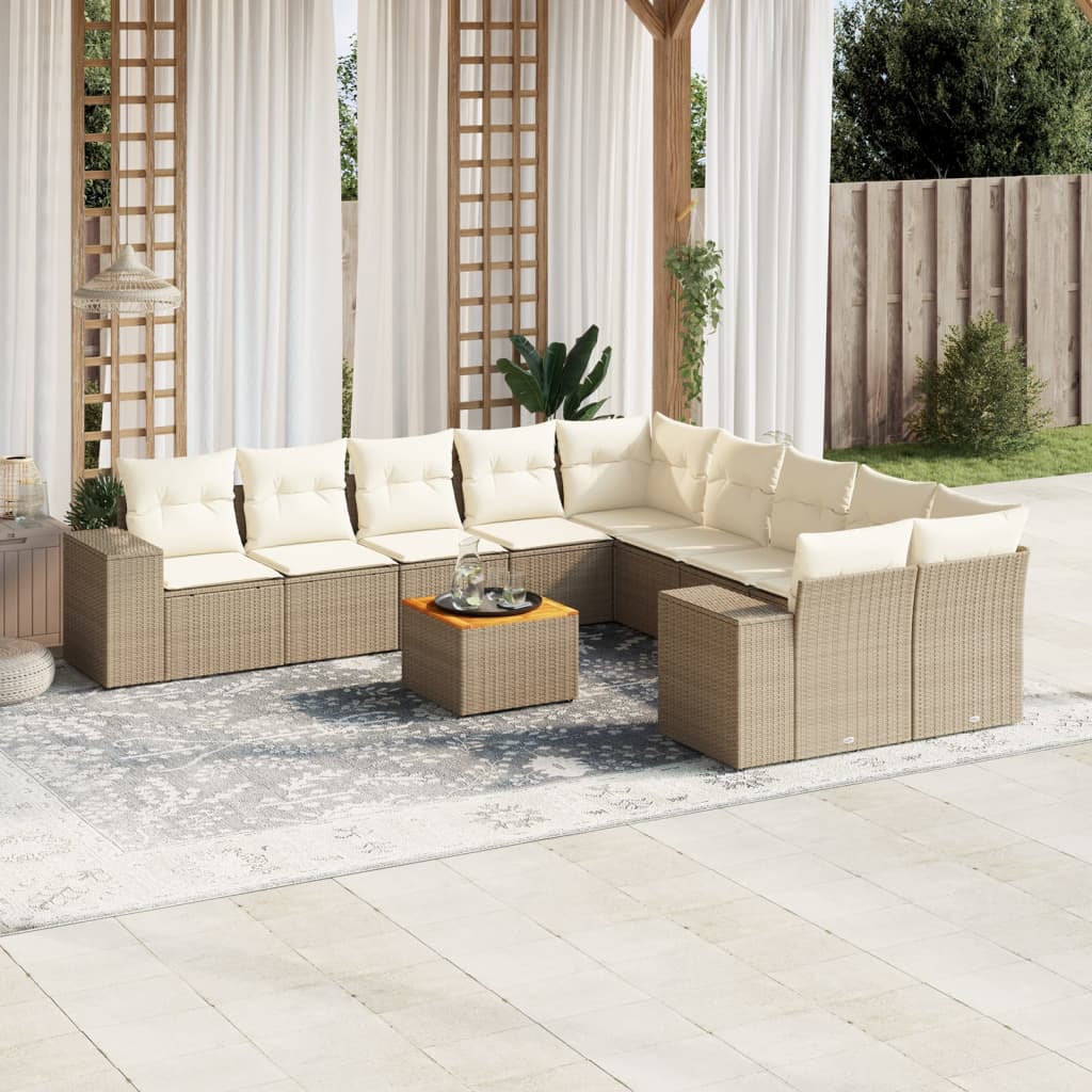 11-tlg. Garten-Sofagarnitur mit Kissen Beige Poly Rattan