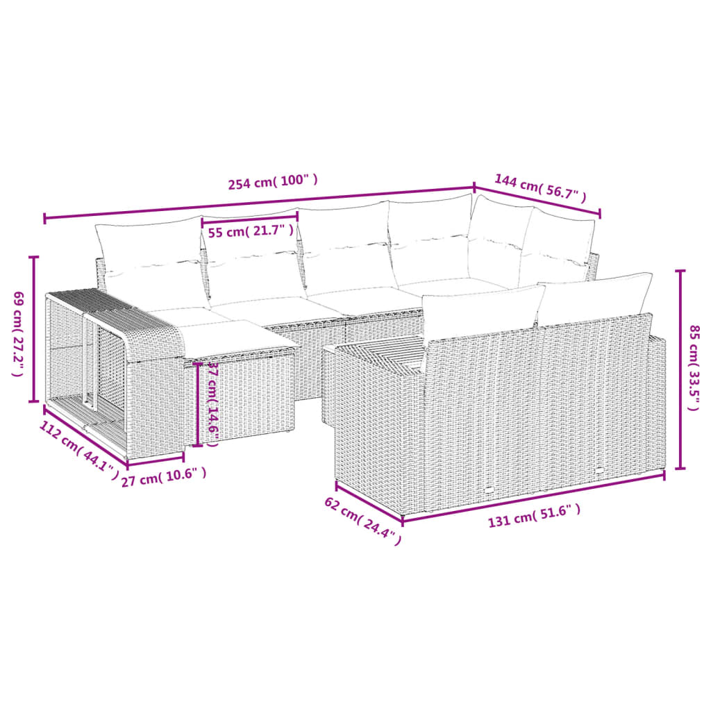 11-tlg. Garten-Sofagarnitur mit Kissen Schwarz Poly Rattan