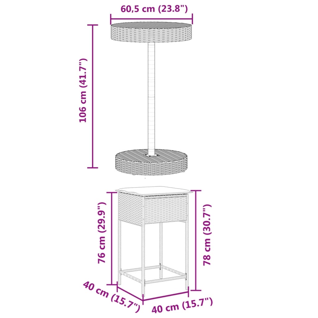 3-tlg. Gartenbar-Set mit Kissen Braun Poly Rattan