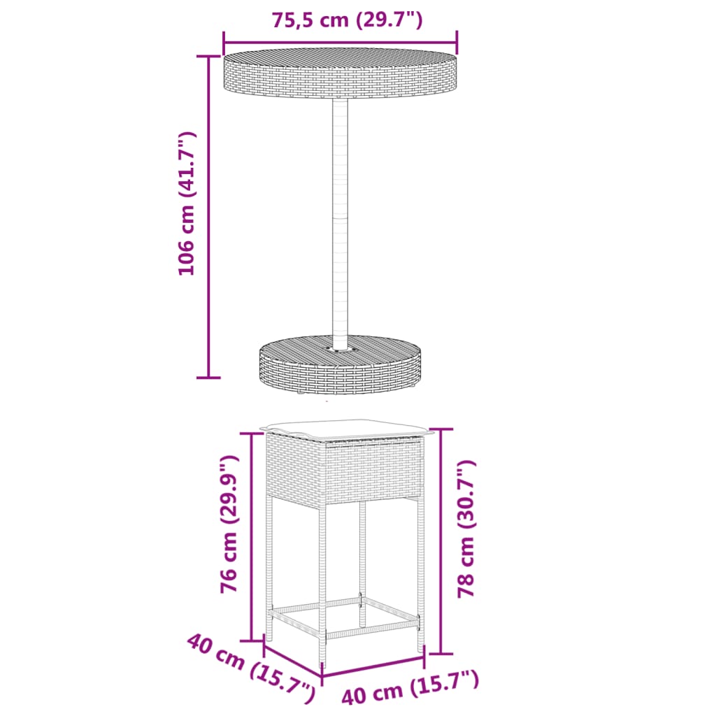 5-tlg. Gartenbar-Set mit Kissen Braun Poly Rattan