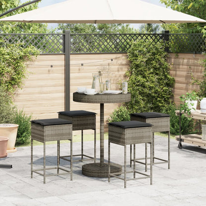 5-tlg. Gartenbar-Set mit Kissen Grau Poly Rattan