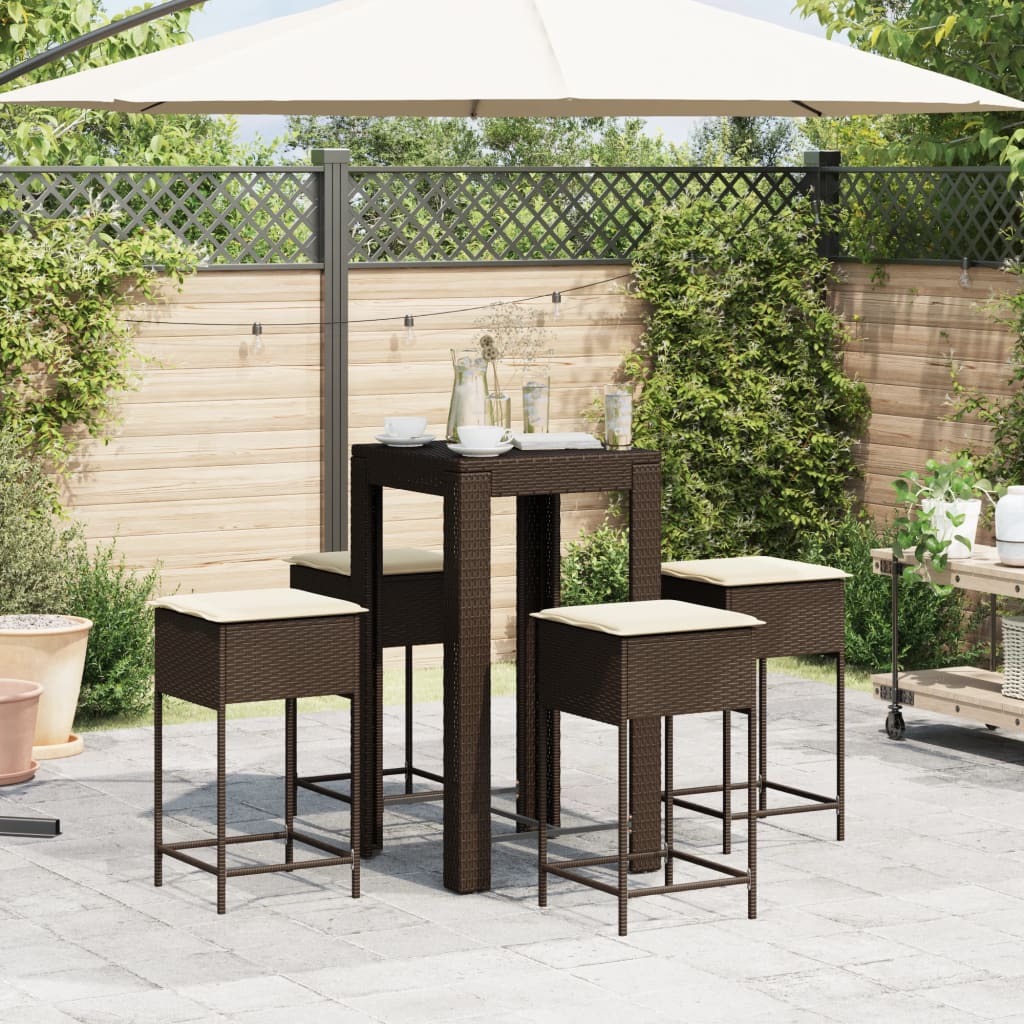 5-tlg. Gartenbar-Set mit Kissen Braun Poly Rattan