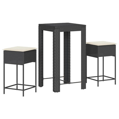 3-tlg. Gartenbar-Set mit Kissen Schwarz Poly Rattan