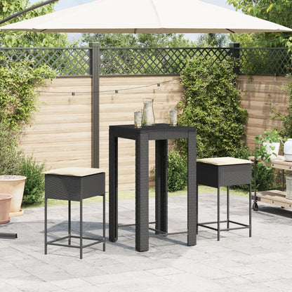 3-tlg. Gartenbar-Set mit Kissen Schwarz Poly Rattan