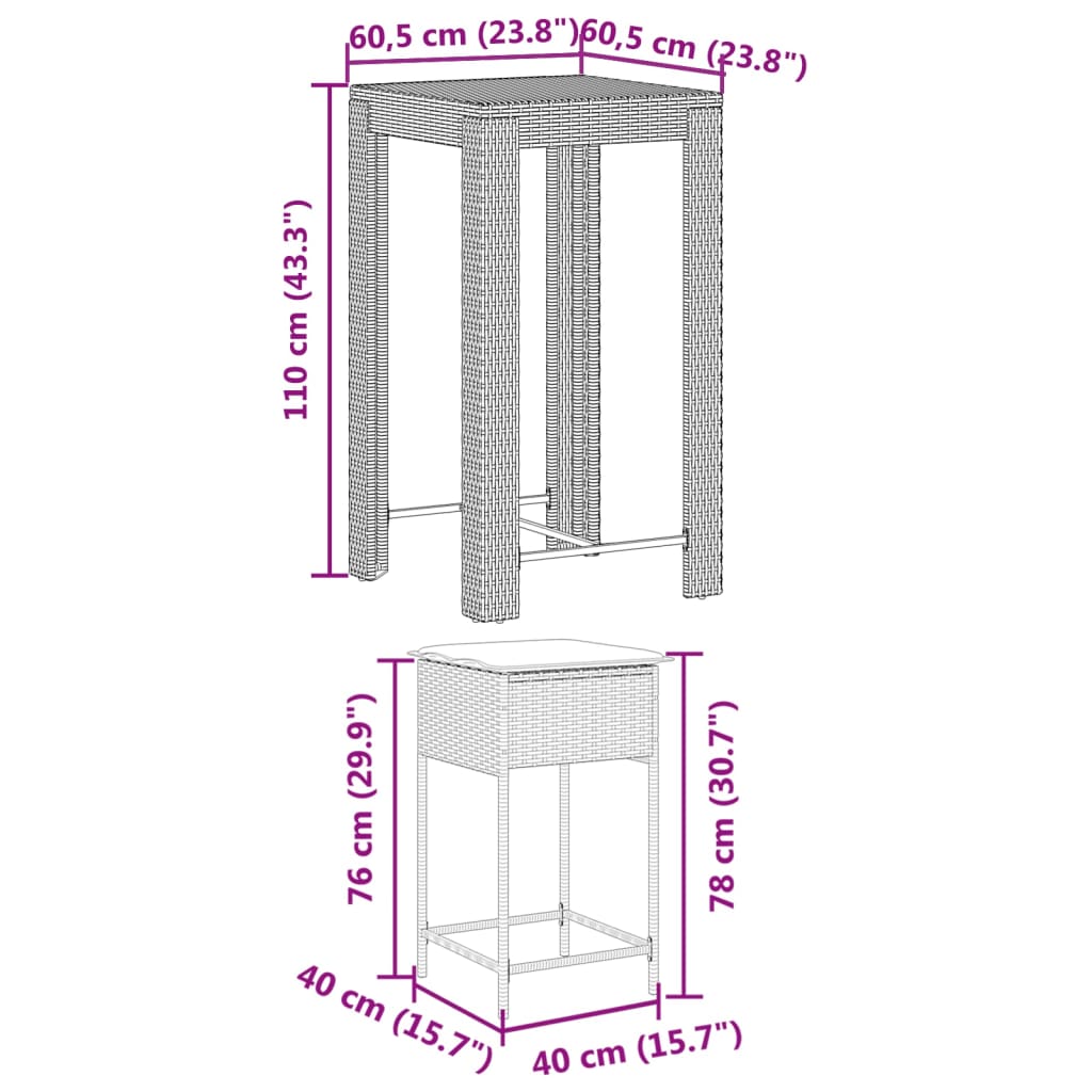 3-tlg. Gartenbar-Set mit Kissen Schwarz Poly Rattan