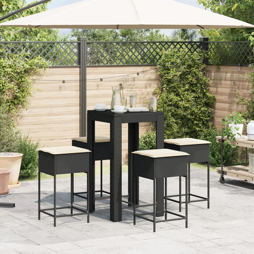 5-tlg. Gartenbar-Set mit Kissen Schwarz Poly Rattan