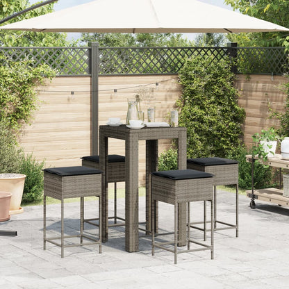 5-tlg. Gartenbar-Set mit Kissen Grau Poly Rattan