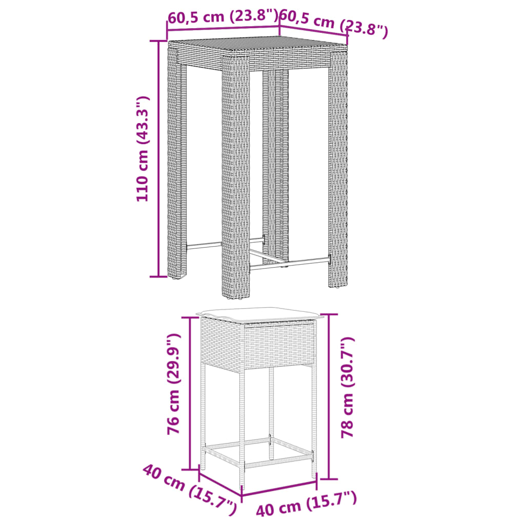 5-tlg. Gartenbar-Set mit Kissen Grau Poly Rattan