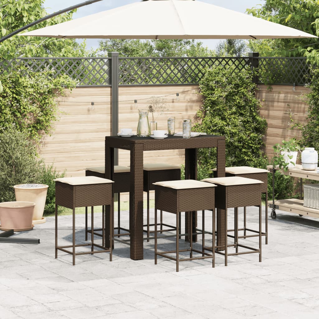 7-tlg. Gartenbar-Set mit Kissen Braun Poly Rattan