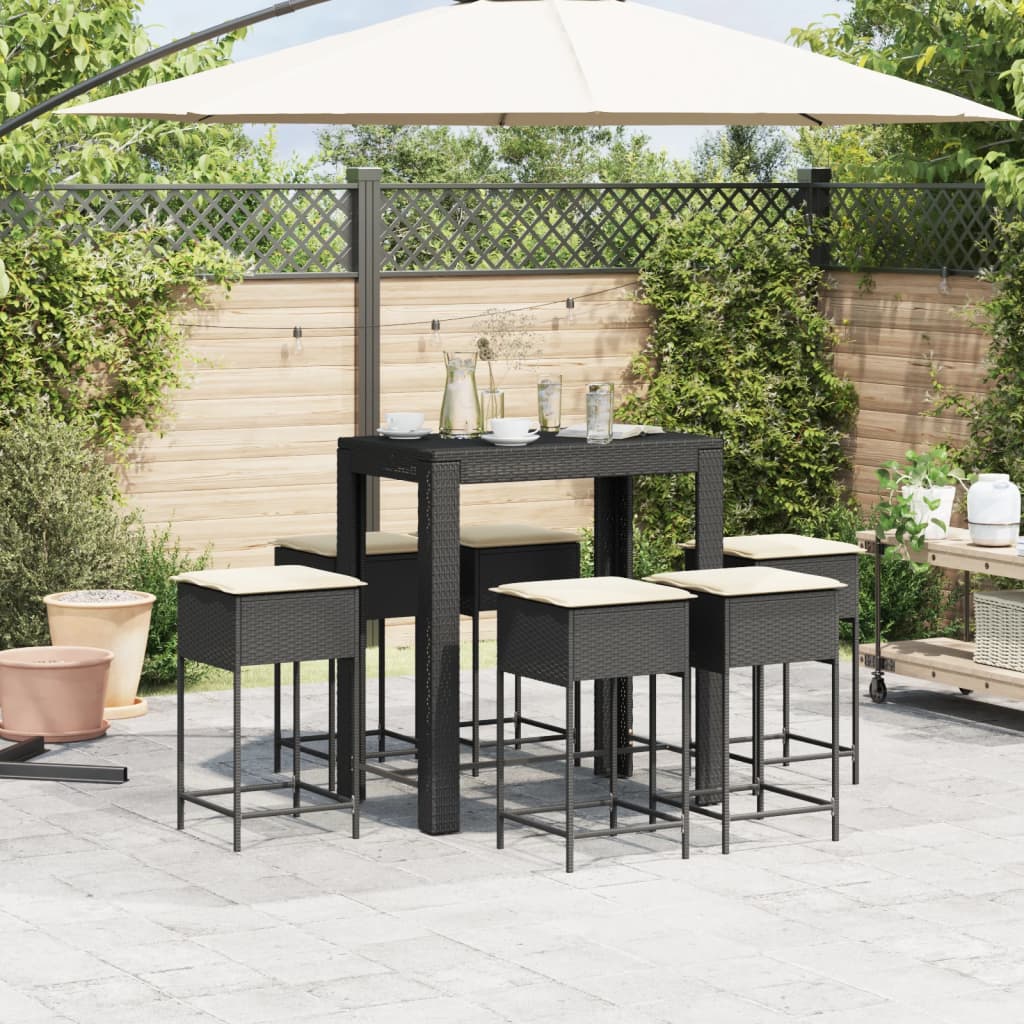 7-tlg. Gartenbar-Set mit Kissen Schwarz Poly Rattan