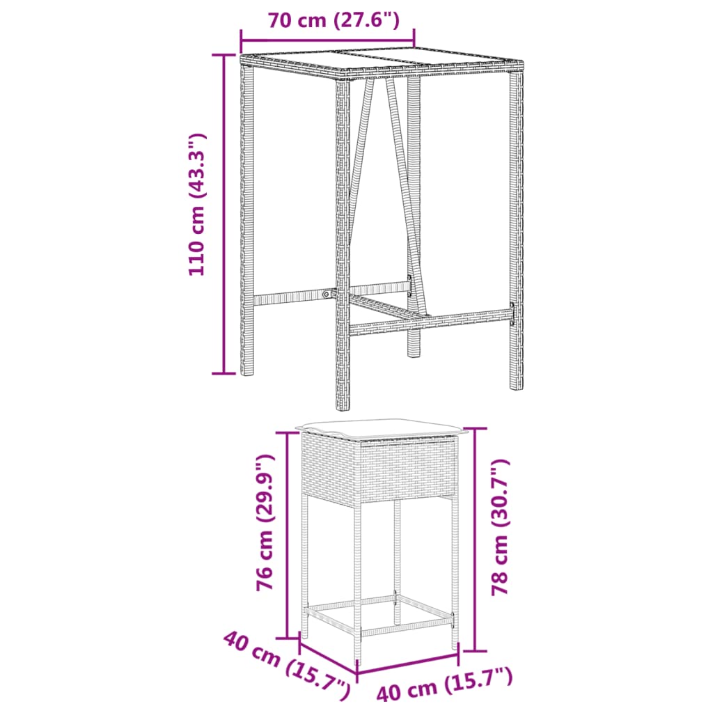 3-tlg. Gartenbar-Set mit Kissen Braun Poly Rattan