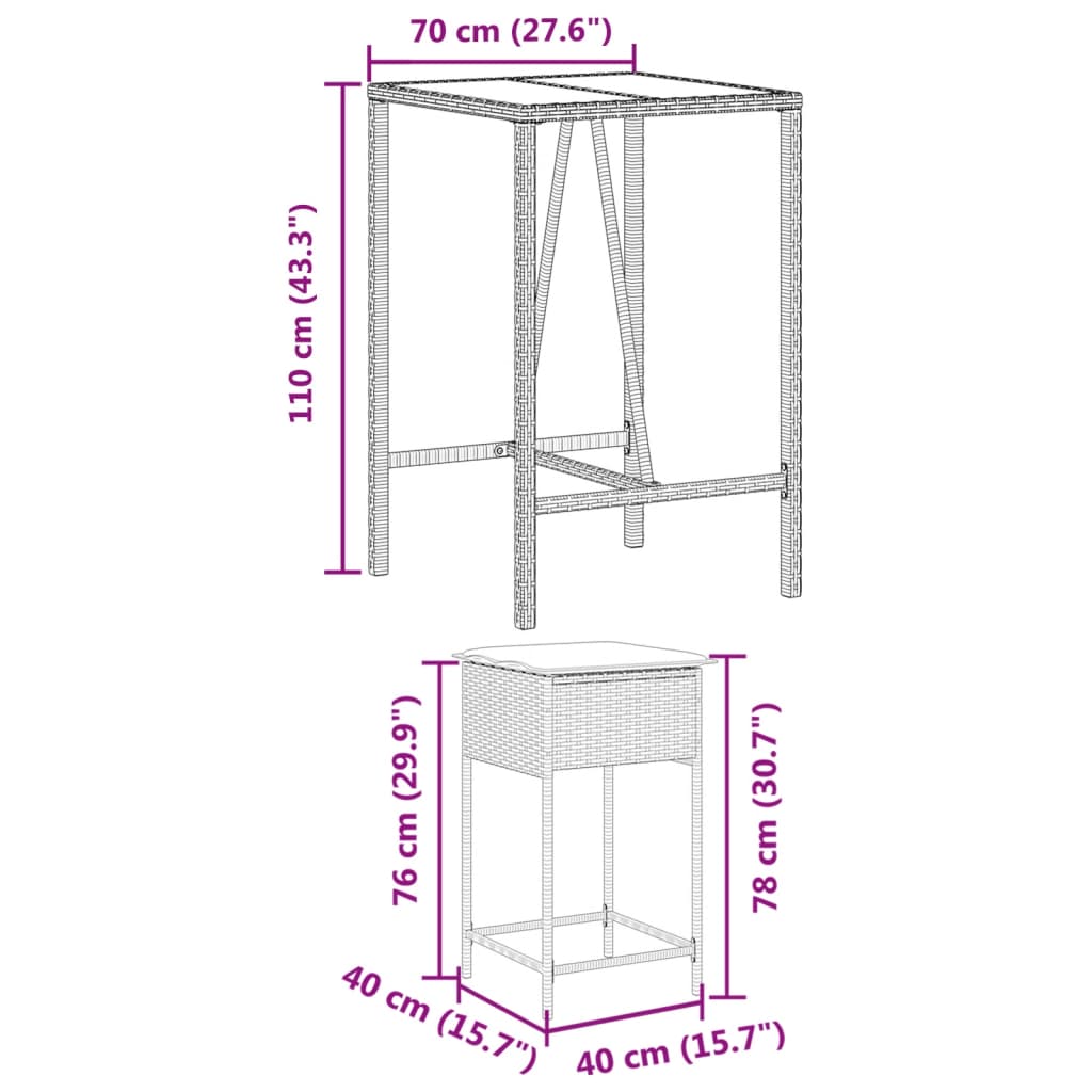 5-tlg. Gartenbar-Set mit Kissen Braun Poly Rattan