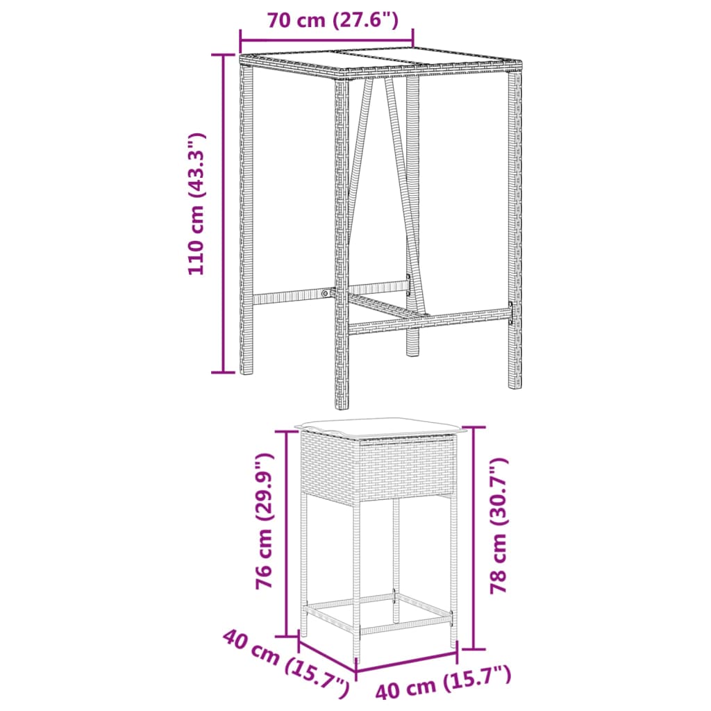 3-tlg. Gartenbar-Set mit Kissen Schwarz Poly Rattan