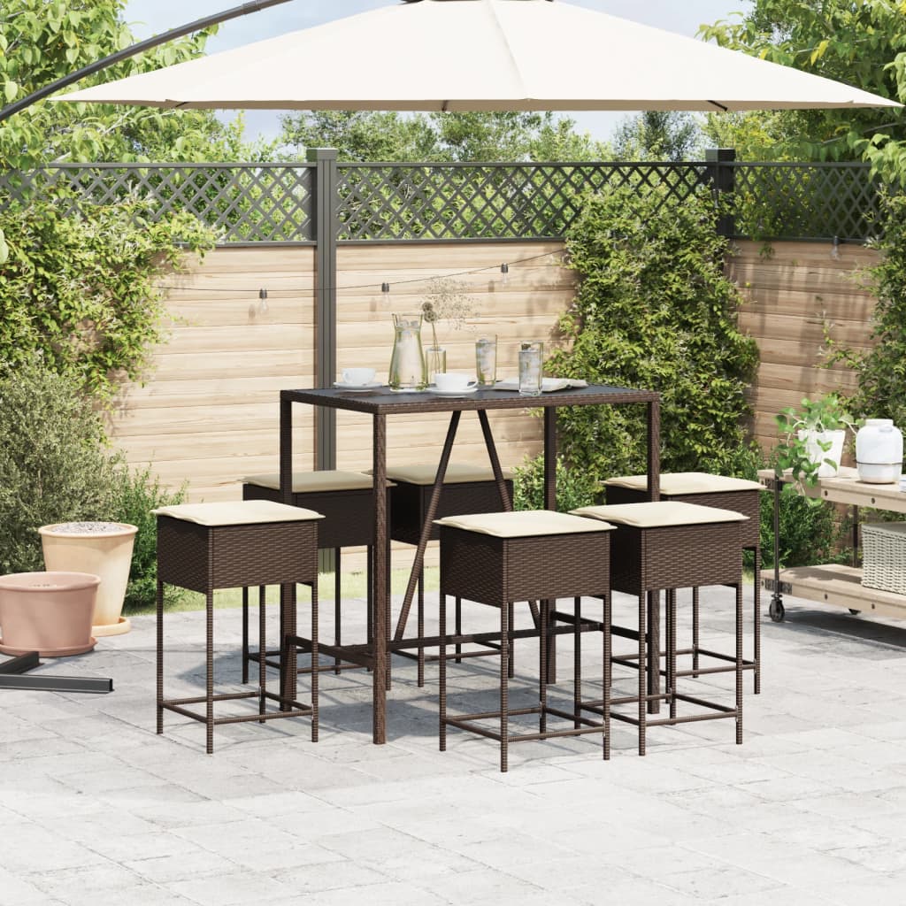 7-tlg. Gartenbar-Set mit Kissen Braun Poly Rattan