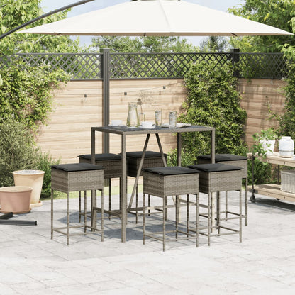 7-tlg. Gartenbar-Set mit Kissen Grau Poly Rattan