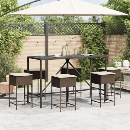 7-tlg. Gartenbar-Set mit Kissen Braun Poly Rattan