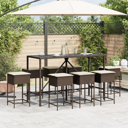 9-tlg. Gartenbar-Set mit Kissen Braun Poly Rattan