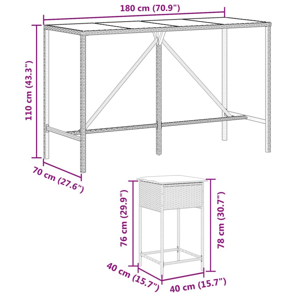 9-tlg. Gartenbar-Set mit Kissen Braun Poly Rattan