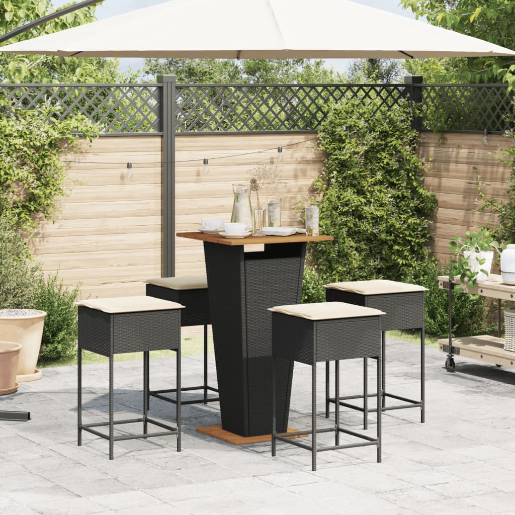 5-tlg. Gartenbar-Set mit Kissen Schwarz Poly Rattan