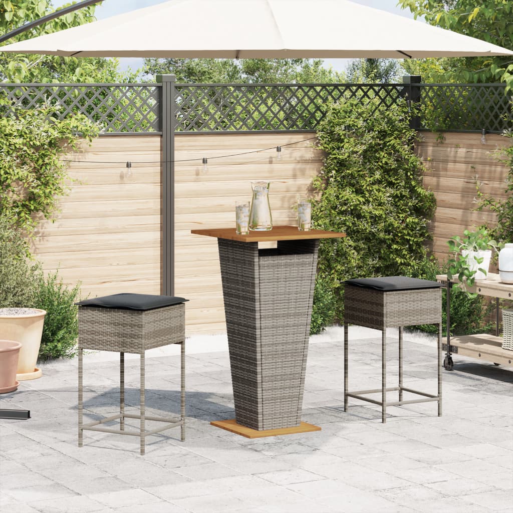 3-tlg. Gartenbar-Set mit Kissen Grau Poly Rattan