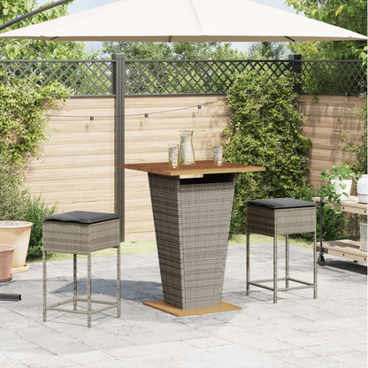 3-tlg. Gartenbar-Set mit Kissen Grau Poly Rattan