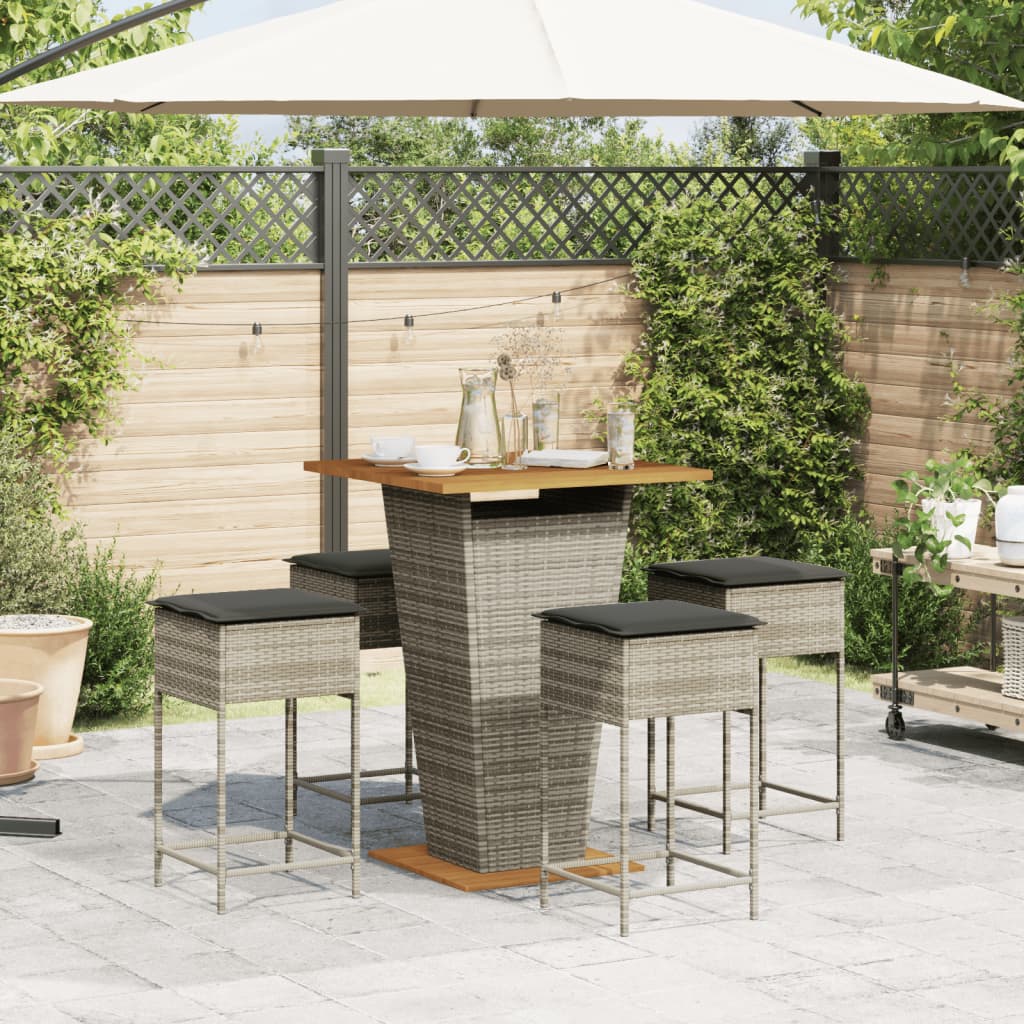 5-tlg. Gartenbar-Set mit Kissen Grau Poly Rattan