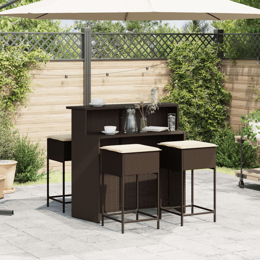 5-tlg. Gartenbar-Set mit Kissen Braun Poly Rattan