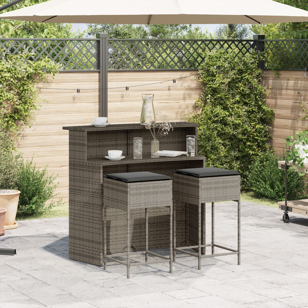 3-tlg. Gartenbar-Set mit Kissen Grau Poly Rattan